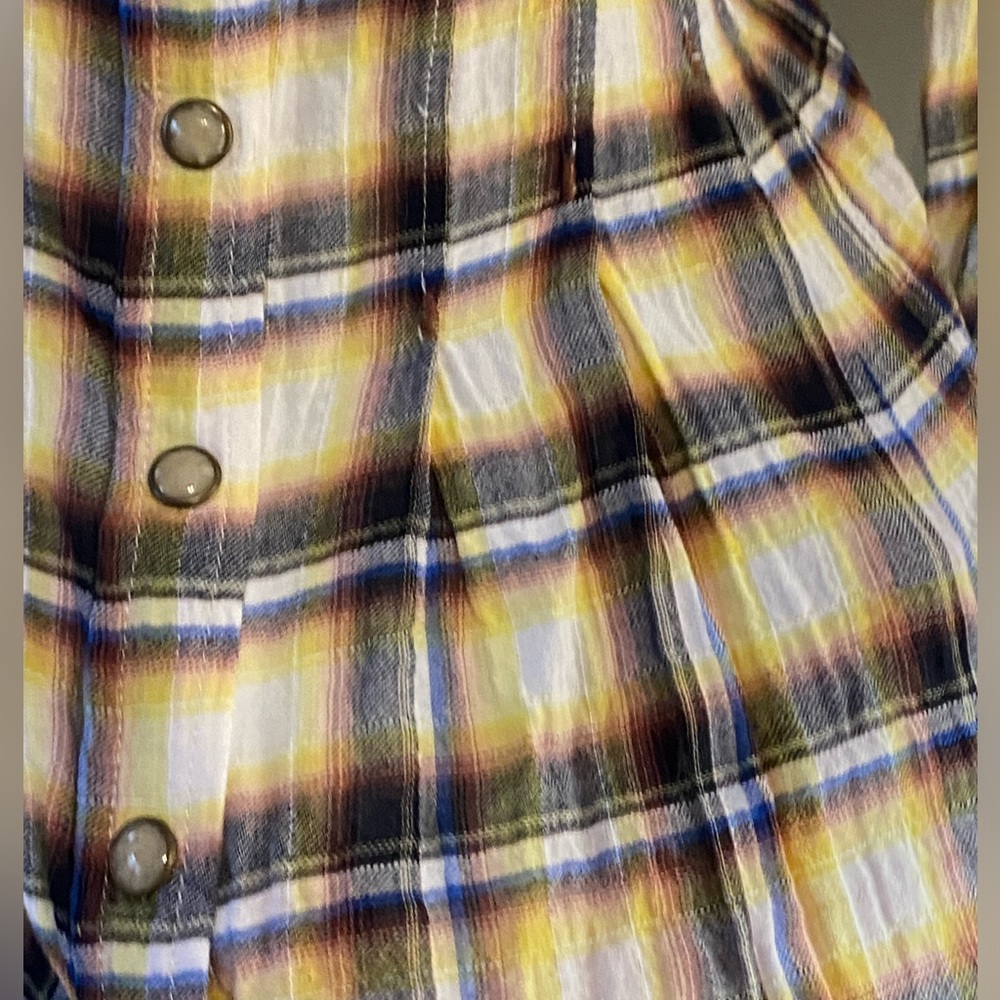 EUC yellow plaid blouse,Free People,pintuck waist, peplum,crochet trim,size S - Picture 6 of 14
